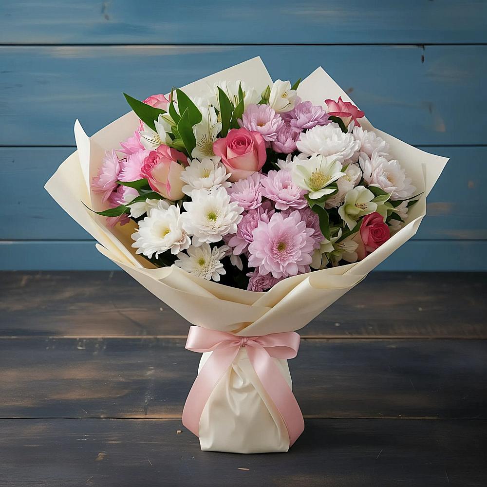 Букет цветов из: Хризантемы, Альстромерии и Розы в Ефимово